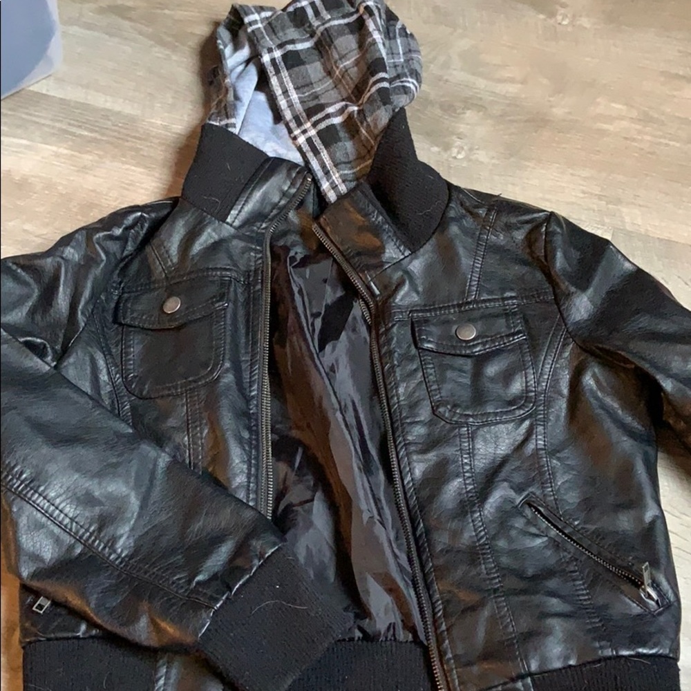 Leather jacket with plaid hoodie